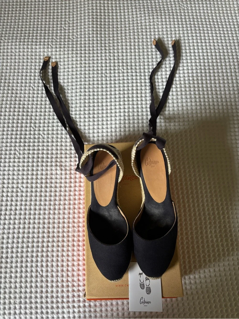 Castaner Navy Blue Canvas Espadrille Wedges with Ankle Tie Straps